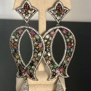 HUGE multi sapphire sterling silver 5" earrings